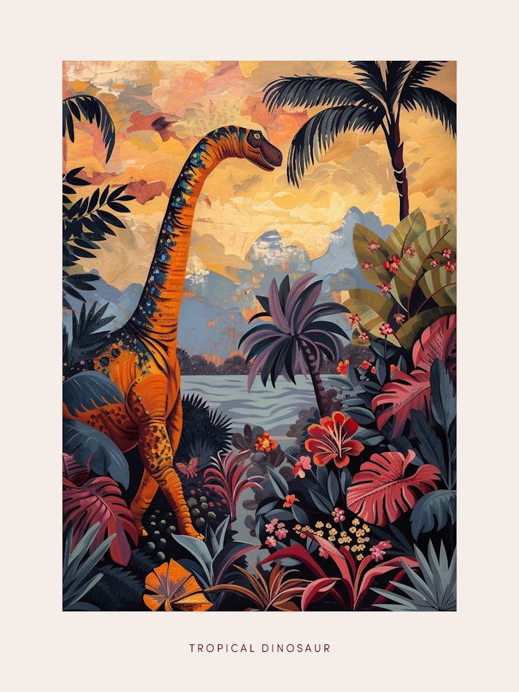 Dinosaur In Tropical Leaves Warm Tones Painting Poster