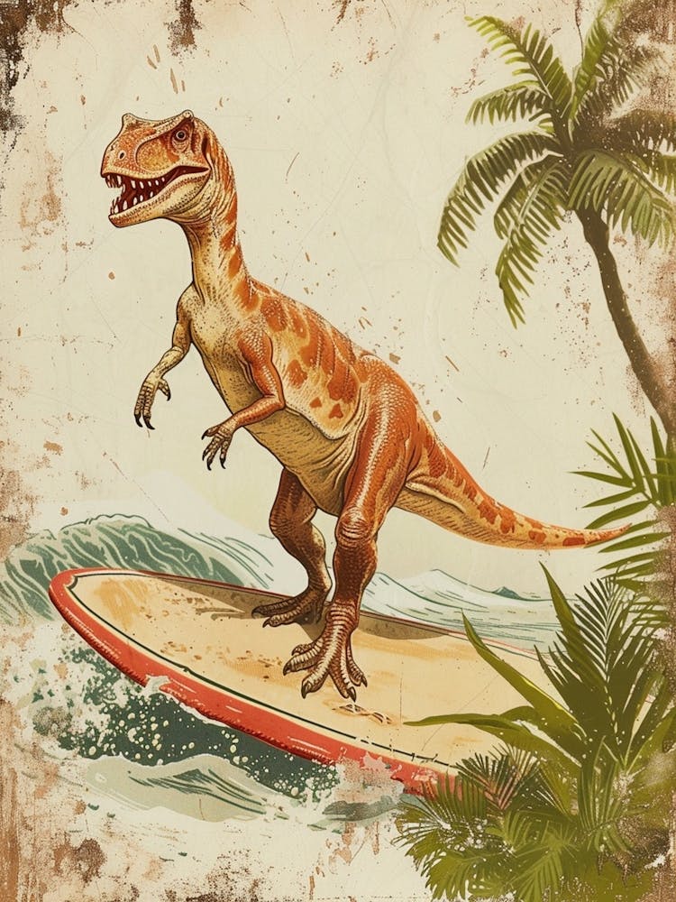 Vintage Allosaurus Dinosaur On A Surf Board 1