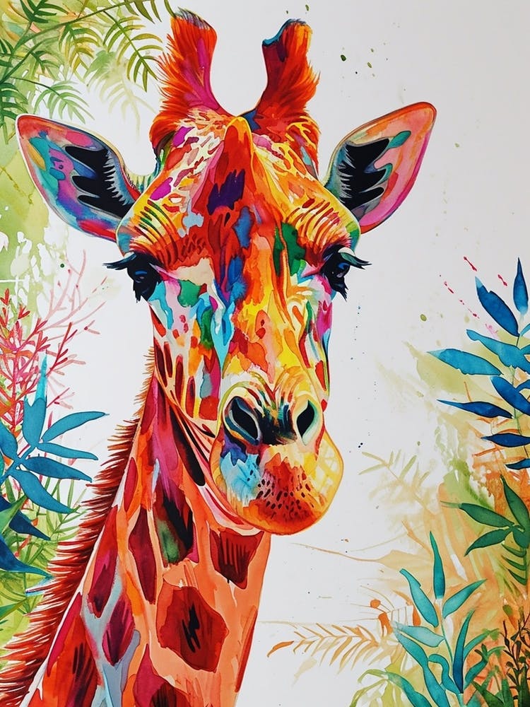 Giraffe Watercolour Portrait In The Leaves 4