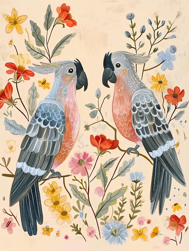 Folksy Floral Animal Drawing Parrot