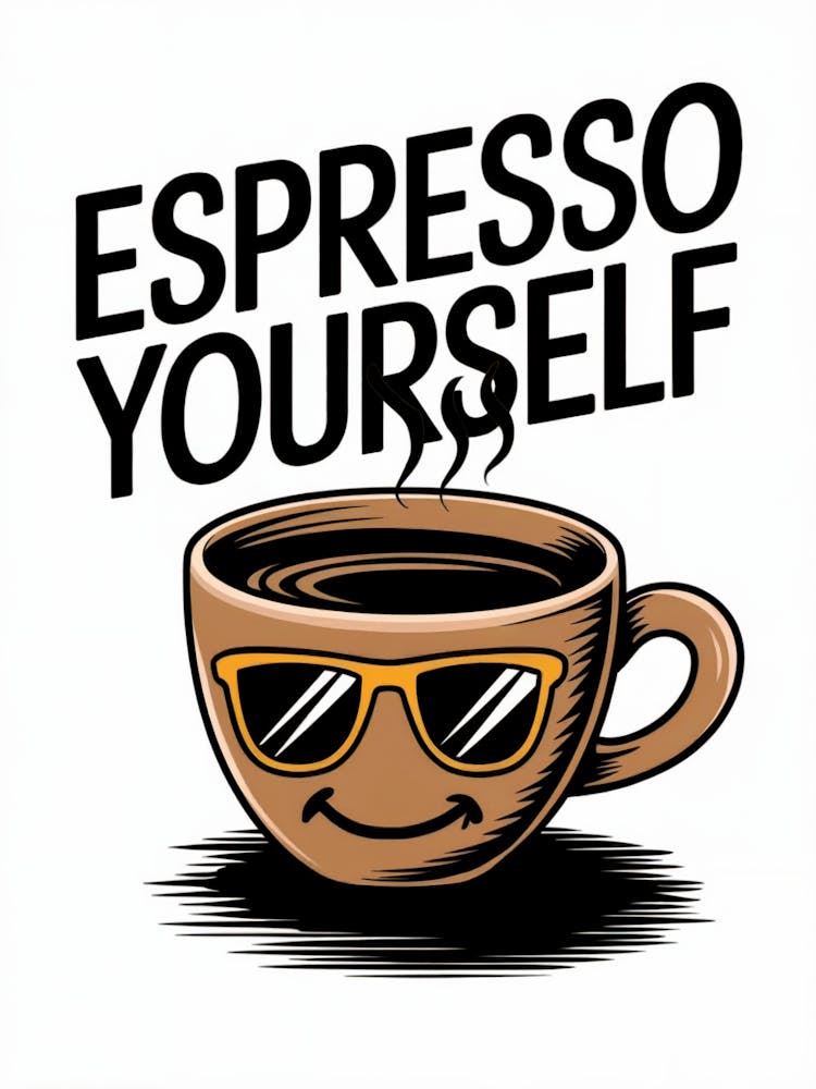 "Espresso Yourself"
Art Description: Fun and quirky illustration of a coffee cup with a smiling face and sunglasses. Playful typography adds a punny touch to this kitchen-friendly design.