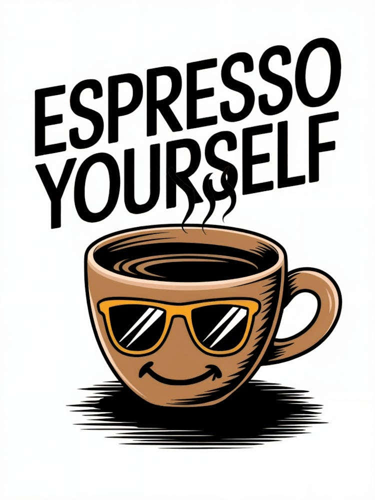 "Espresso Yourself"
Art Description: Fun and quirky illustration of a coffee cup with a smiling face and sunglasses. Playful typography adds a punny touch to this kitchen-friendly design.