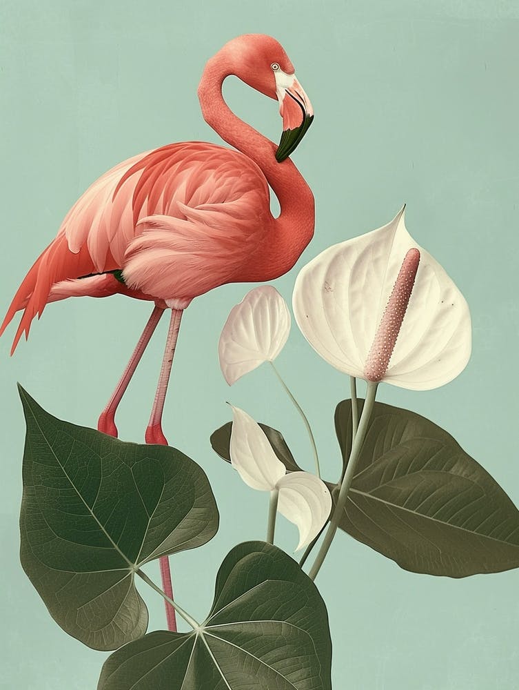 American Flamingo And Anthurium Minimalist Illustration 2