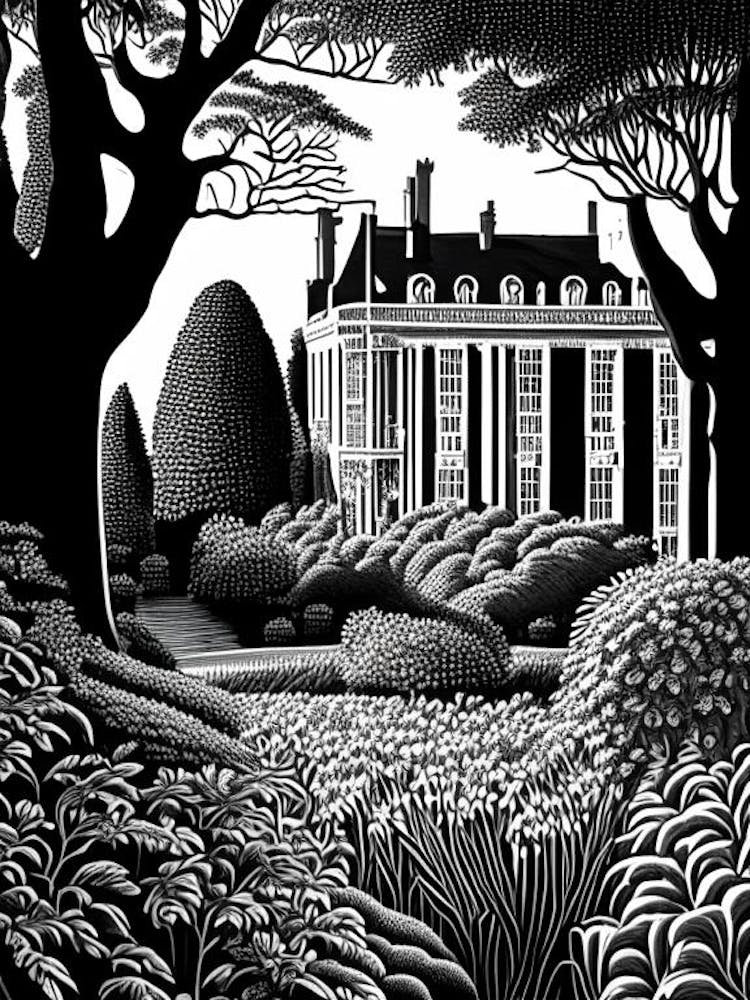 Mount Stewart House And Gardens, United Kingdom Linocut Black And White Vintage