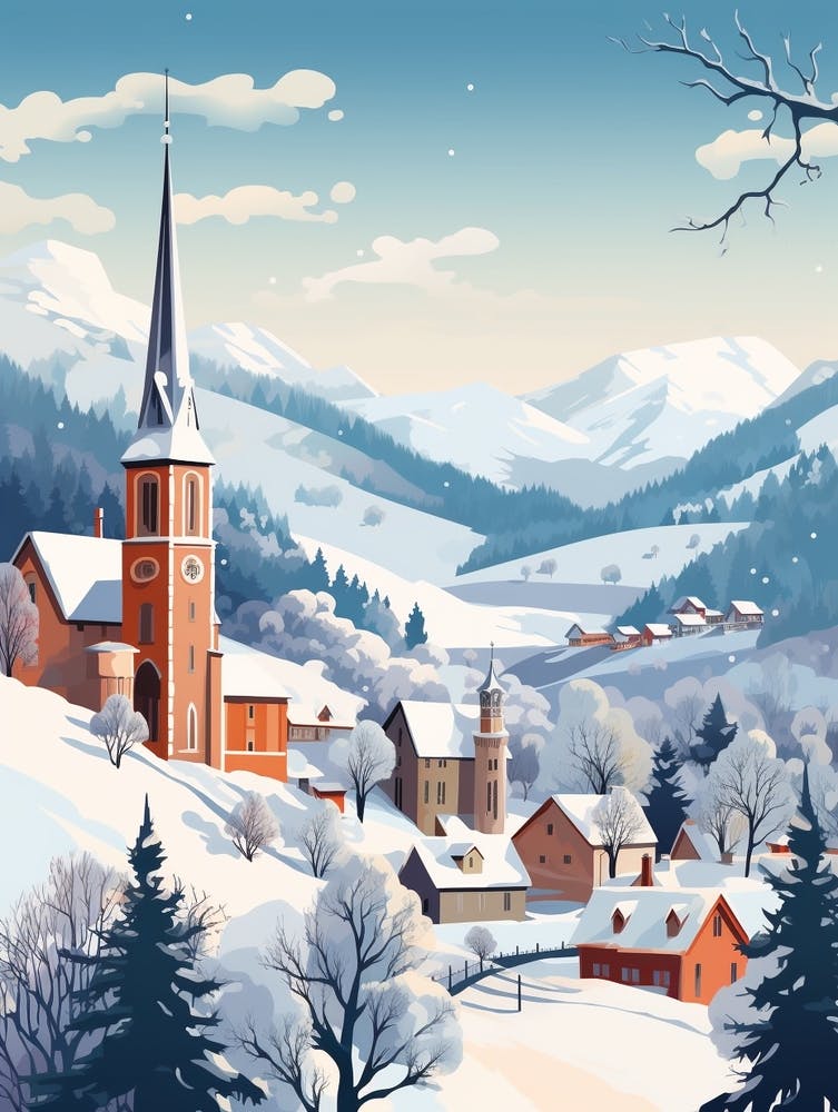 Vintage Winter Travel Illustration Transylvania Romania 3