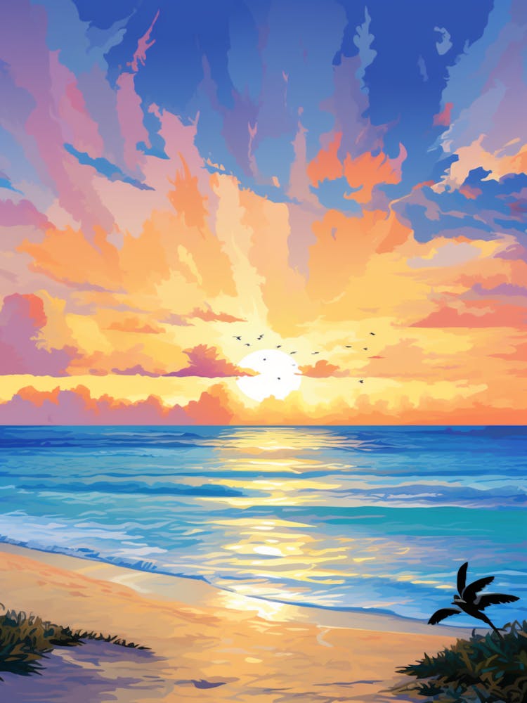 Grace Bay Beach Turks And Caicos At Sunset, Vibrant Painting 3