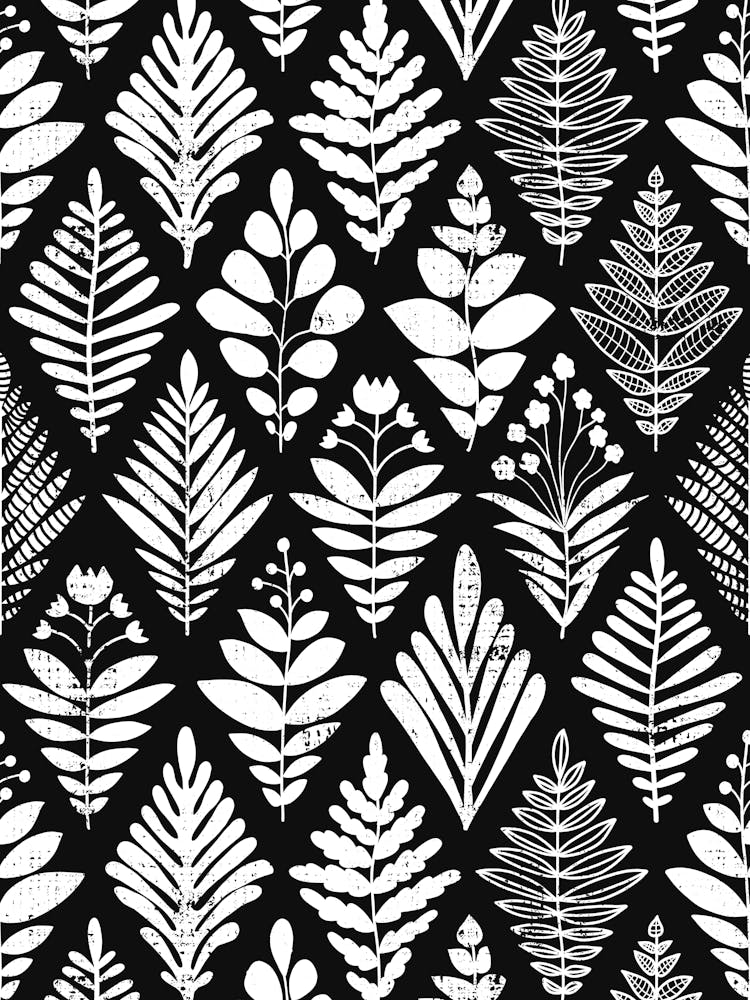 Rhombus Tropical Hawaiian Florals Damask Textured White Black