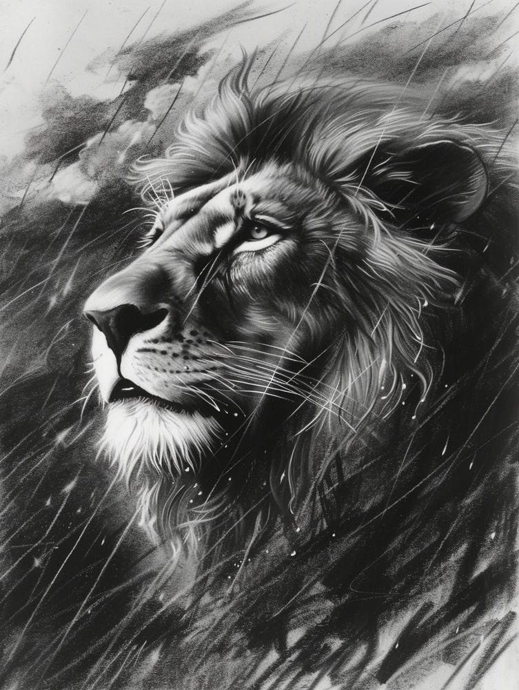 African Lion Charcoal Drawing Facing A Storm 3