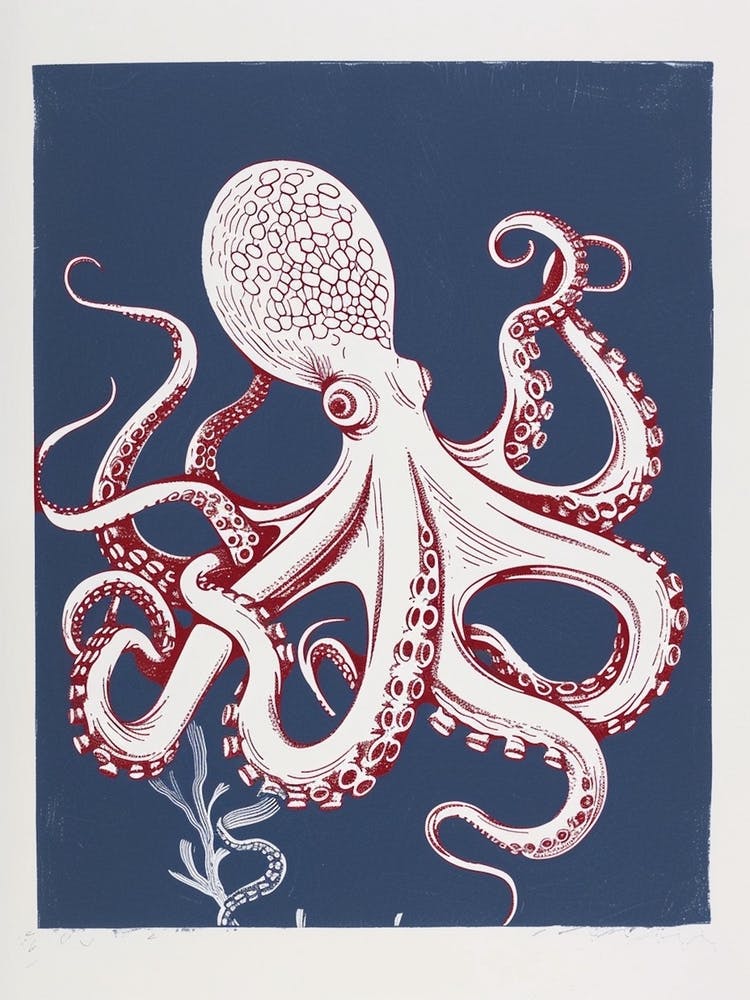 Retro Red Navy Octopus Linocut Style 8
