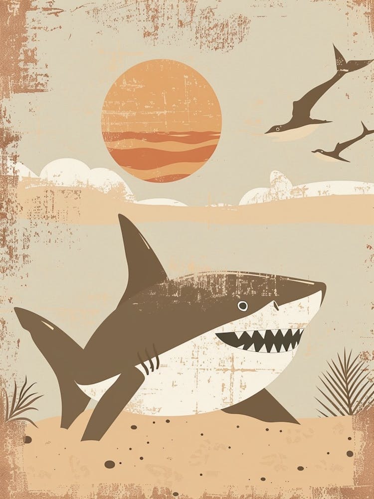Shark On The Beach With The Sun Storybook Style 1