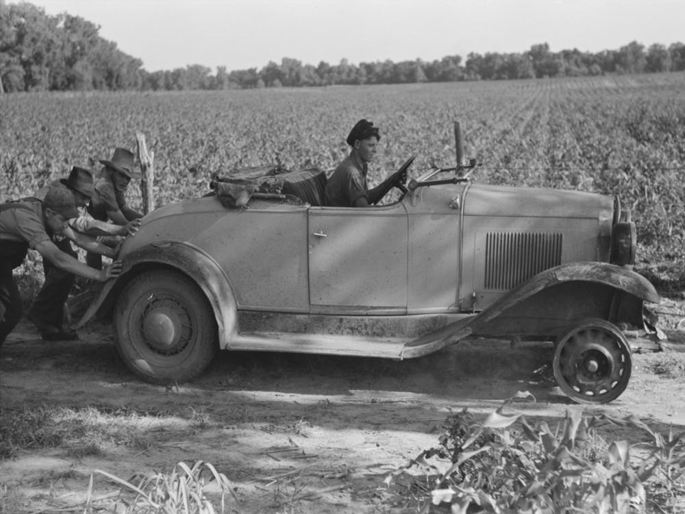 Untitled Photo, Possibly Related To Pushing A Car Belonging To Agricultural Day Laborer To Start It, Near Muskogee,