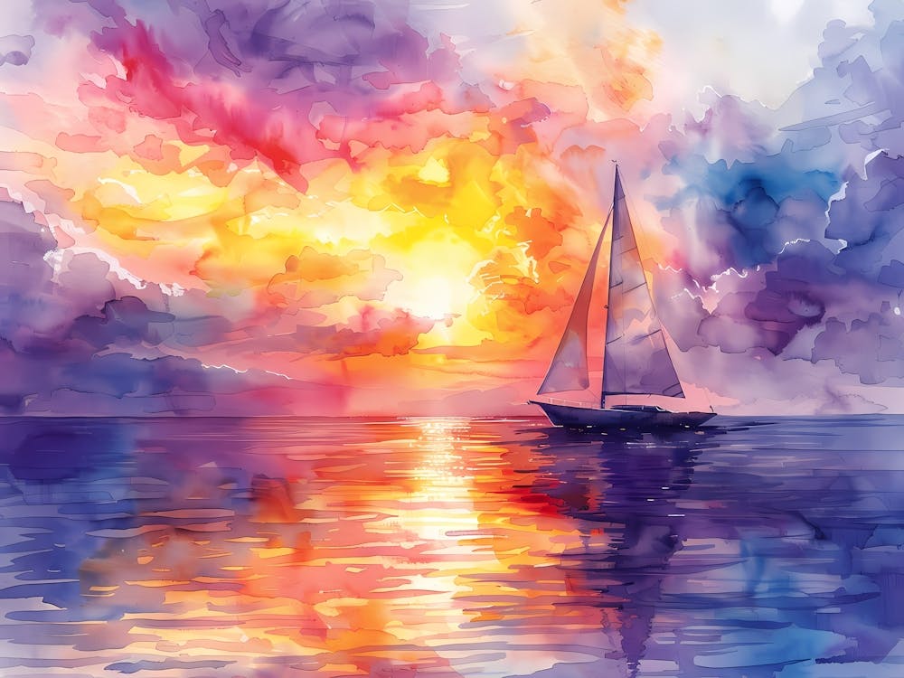 Watercolor Sailboat At Sunset 15