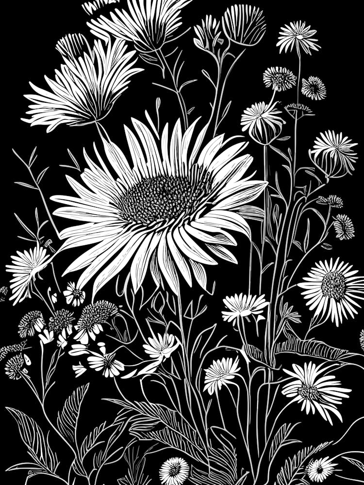 Asters Wildflower Linocut 2