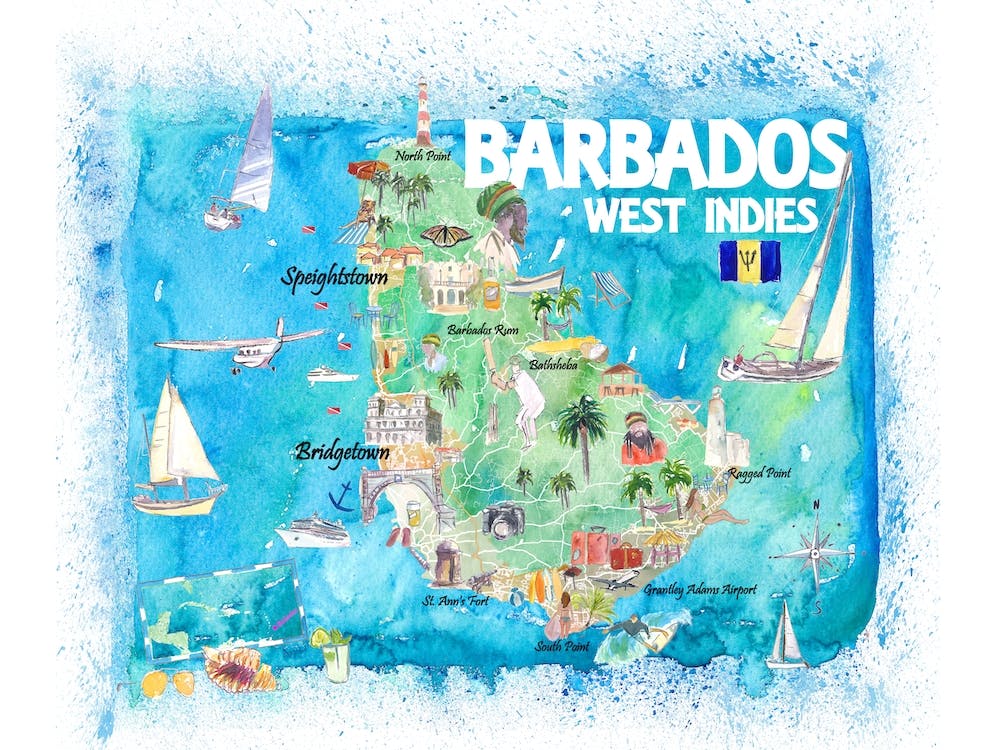 Barbados Caribbean Illustrated Travel Map With Roads And Highlights