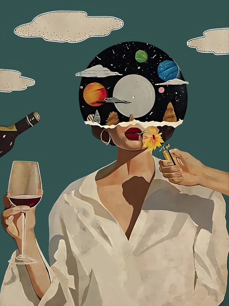 Girl With Wine Wall Art, Music Wall, Vintage Music Poster, Retro Music Lover Gift, Lose Your Mind Find Your Soul Decor