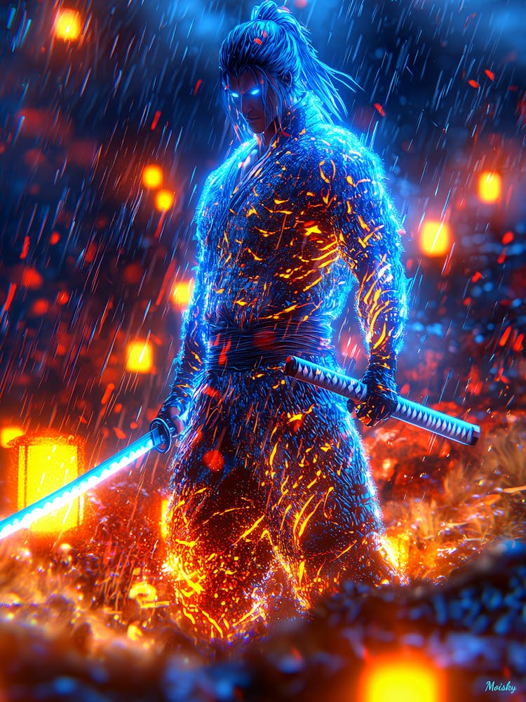 Guerrier Samouraï Néon – Affiche Cyberpunk Bushido