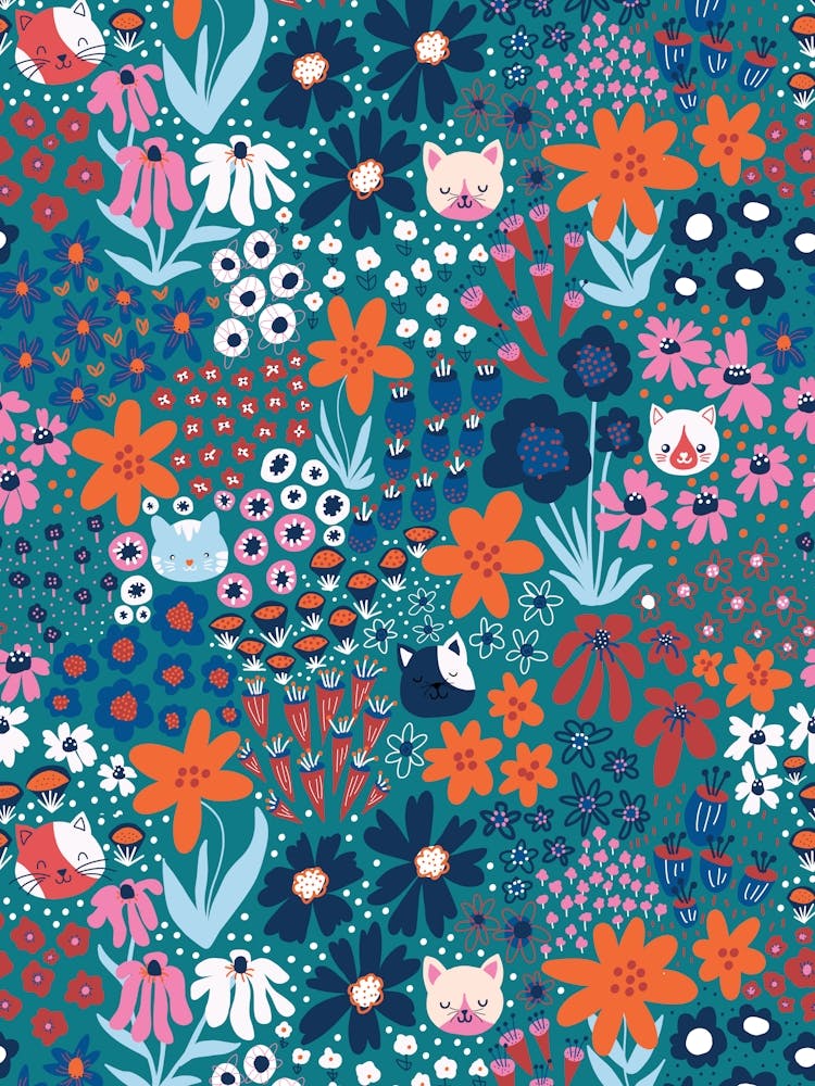 Happy Cats Hiding in the Flower Field - Red, Pink, Navy on Teal Kids