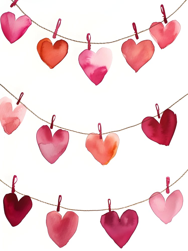 Watercolor Hearts On Clothesline