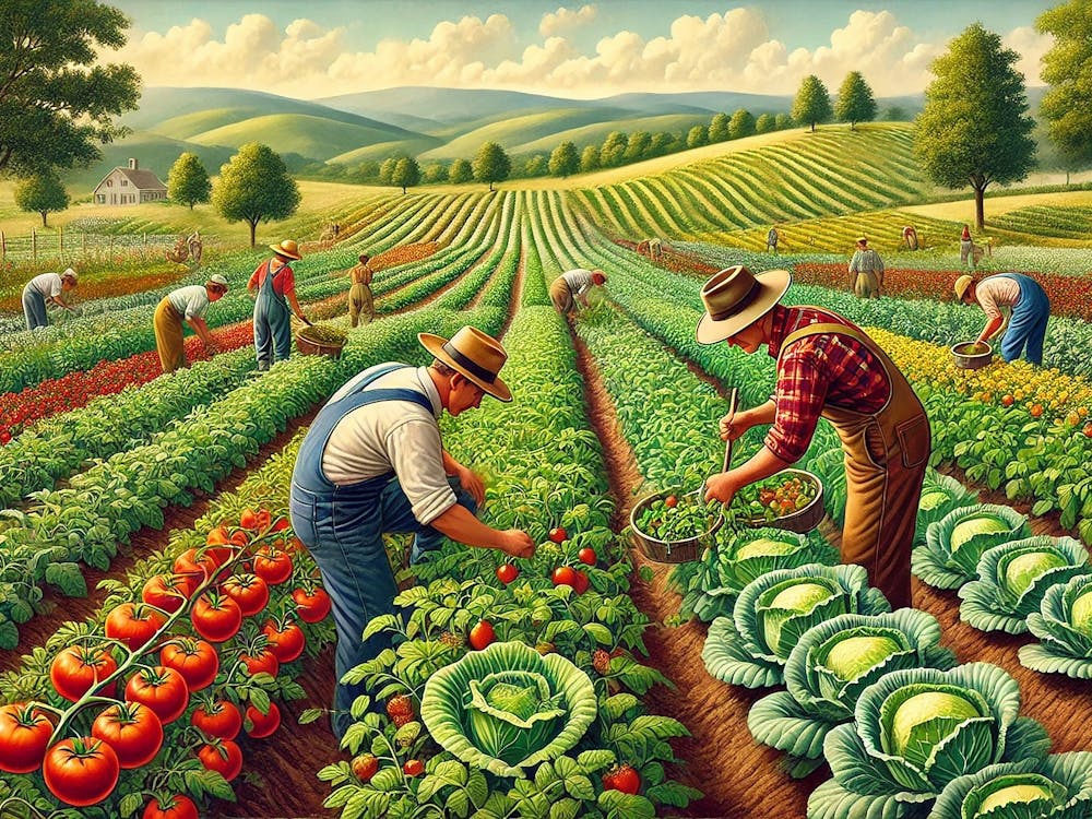 Two Farmers Working Diligently In A Lush