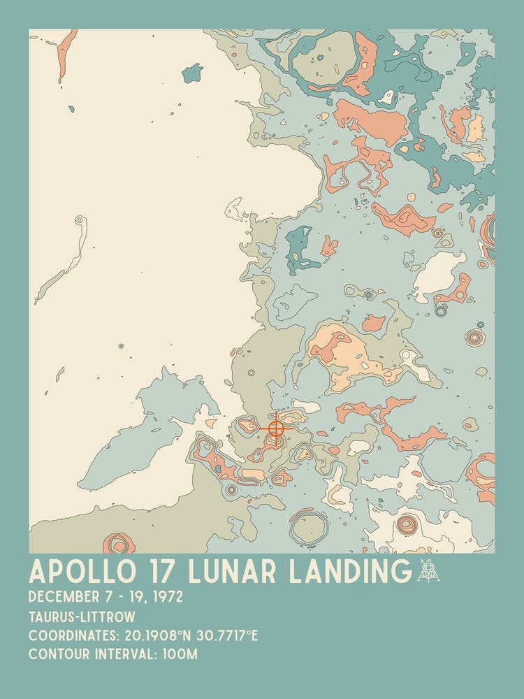 Apollo 17 Lunar Landing Site Vintage Moon Map