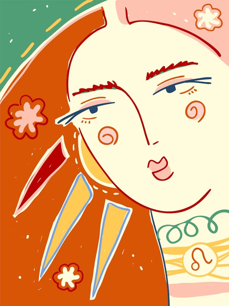 Leo Zodiac sign, Lion, Retro 70s, Abstract woman art, Surreal, Vibrant orange