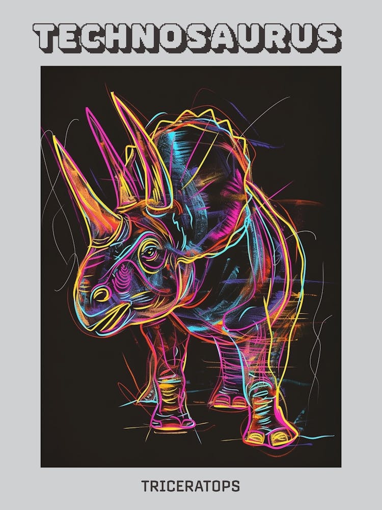 Neon Triceratops Line Illustration 1 Poster