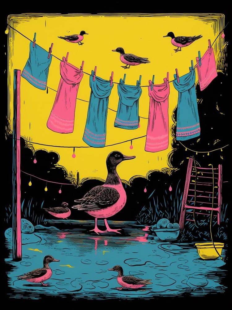 Duckling Linocut Inspired Under The Washing Line 1