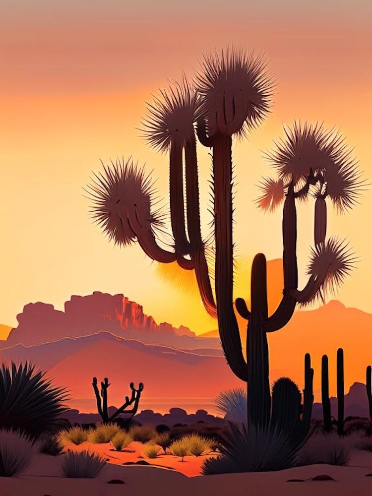 Joshua Trees At Dawn In Desert Vintage Botanical Line Drawing  (2)