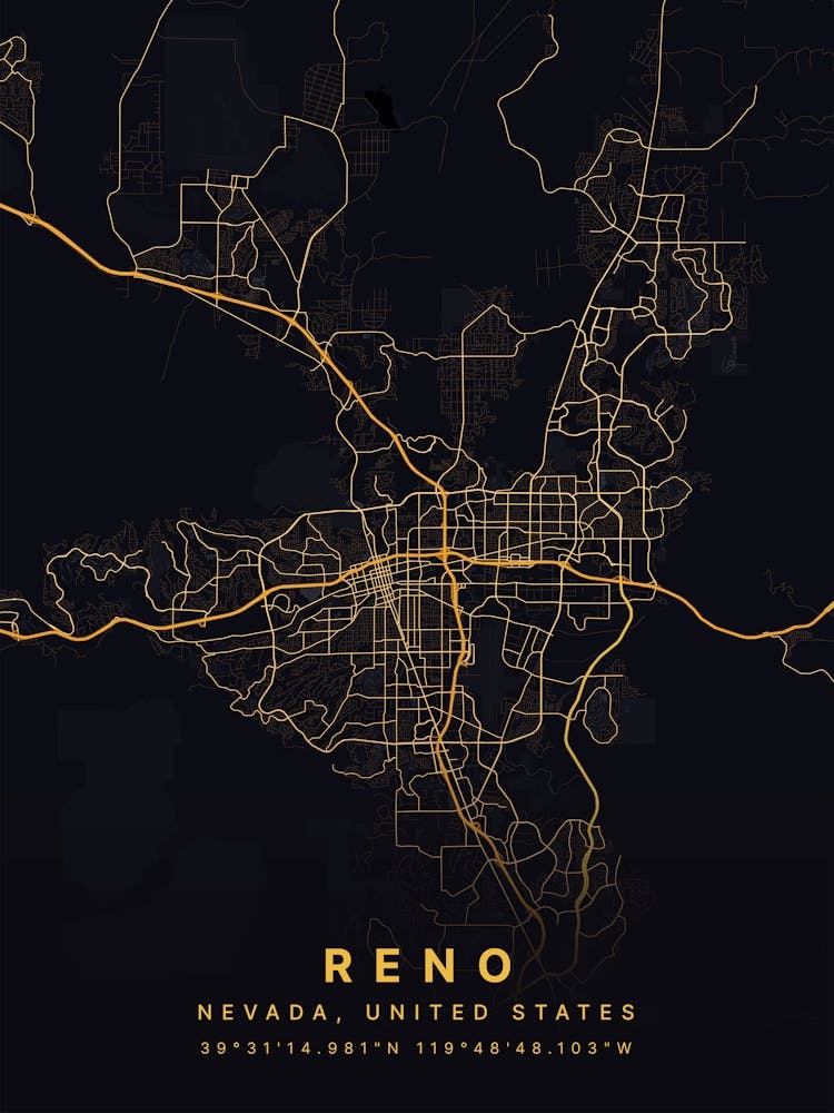 Reno Nevada Usa Black And Gold Map