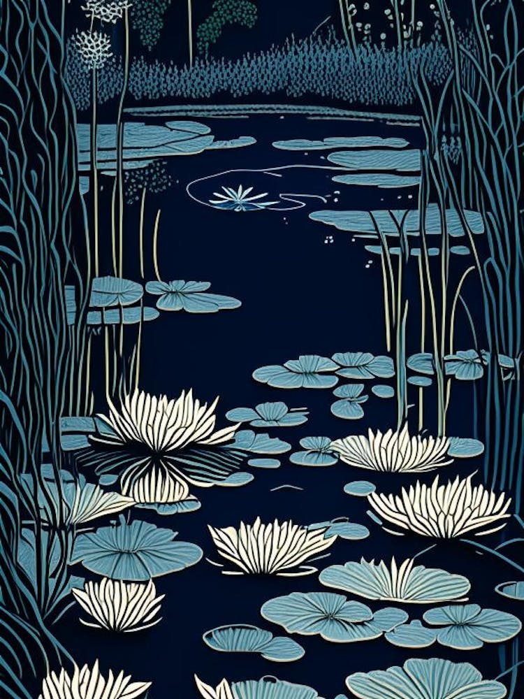 Pond With Lily Pads Water Waterscape Linocut 3