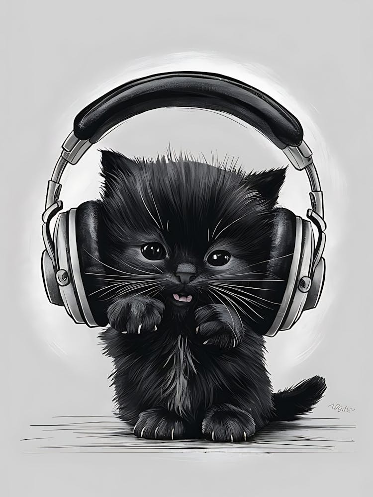 Black Cat With Headphones