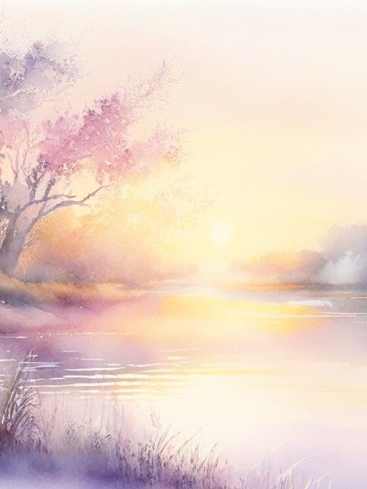Sunrise Over River Waterscape Gouache 1