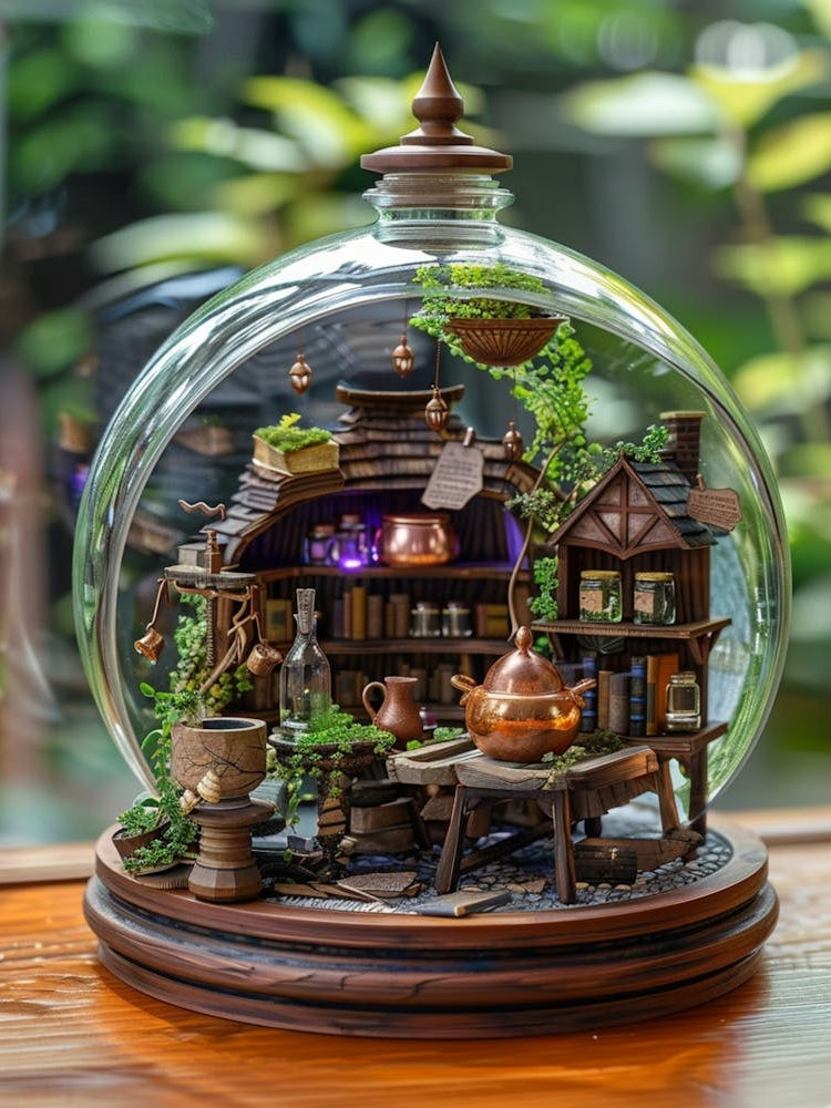 This Handmade Model Is A Creative And Imaginative Work, With A Unique Design That Cleverly Transforms An Ordinary Circular Glass Bottle Into A Miniature Magical Potion Production Scene