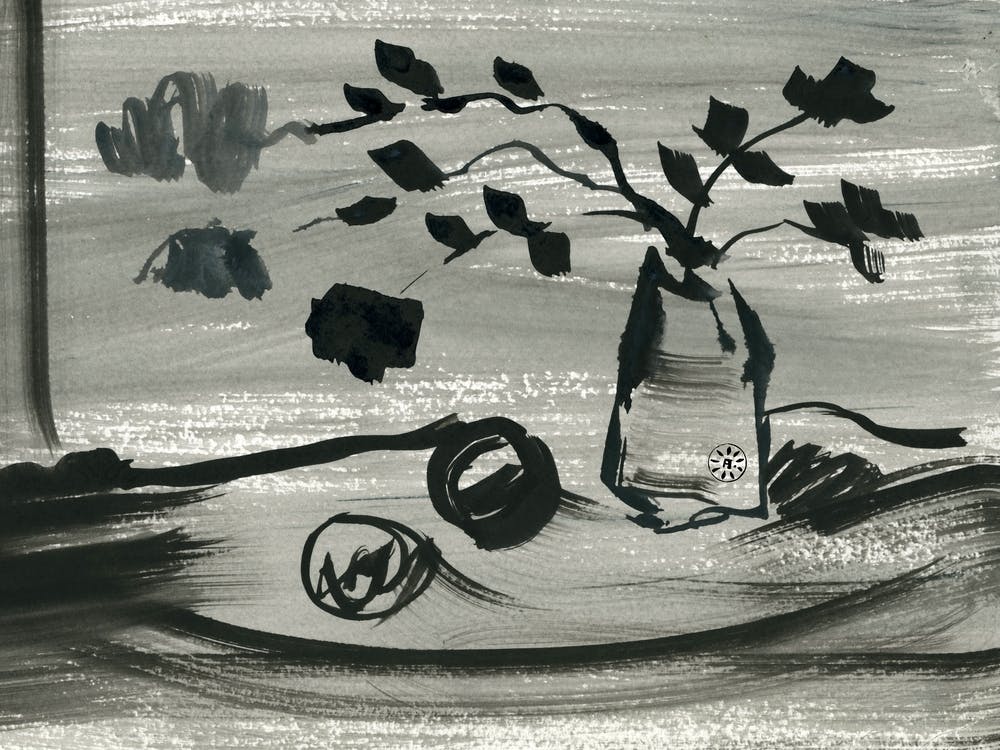Still Life In Gray - black and white ink minimal modern contemporary hand painted grey gray living roome kitchen bedroom floral