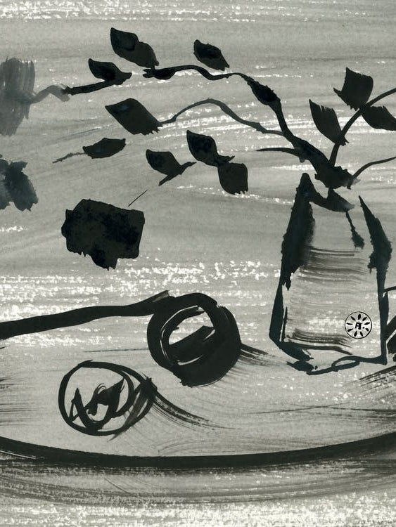 Still Life In Gray - black and white ink minimal modern contemporary hand painted grey gray living roome kitchen bedroom floral