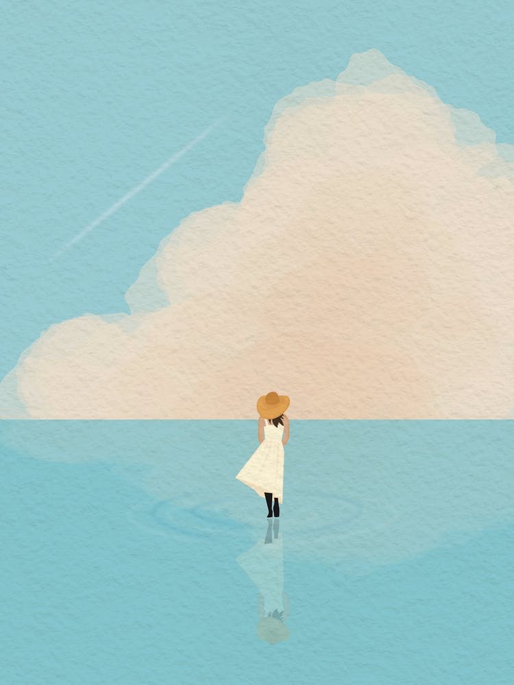 Minimal art View of girl Above the beautiful blue ocean