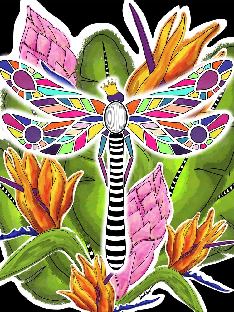 Colorful mosaic Dragonfly on tropical flowers