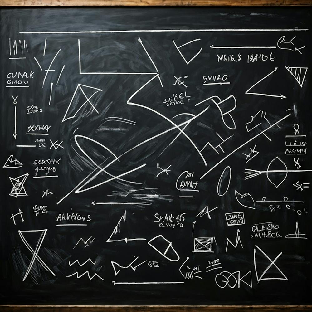 Black Chalk On A School Blackboard Capturing A Dynamic Blend Of Abstract Shapes And Realistic Objec