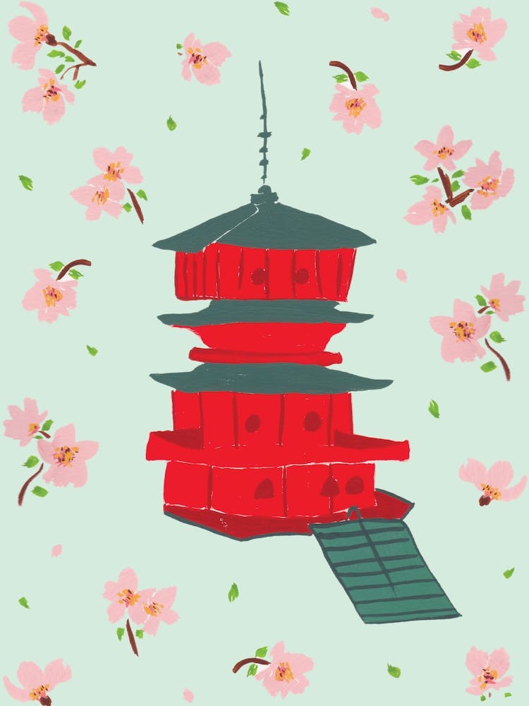 Cherry Blossoms and Temple