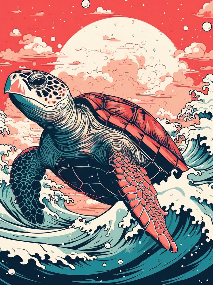 Meeresschildkröten-Tierzeichnung im Stil von Ukiyo-e 1