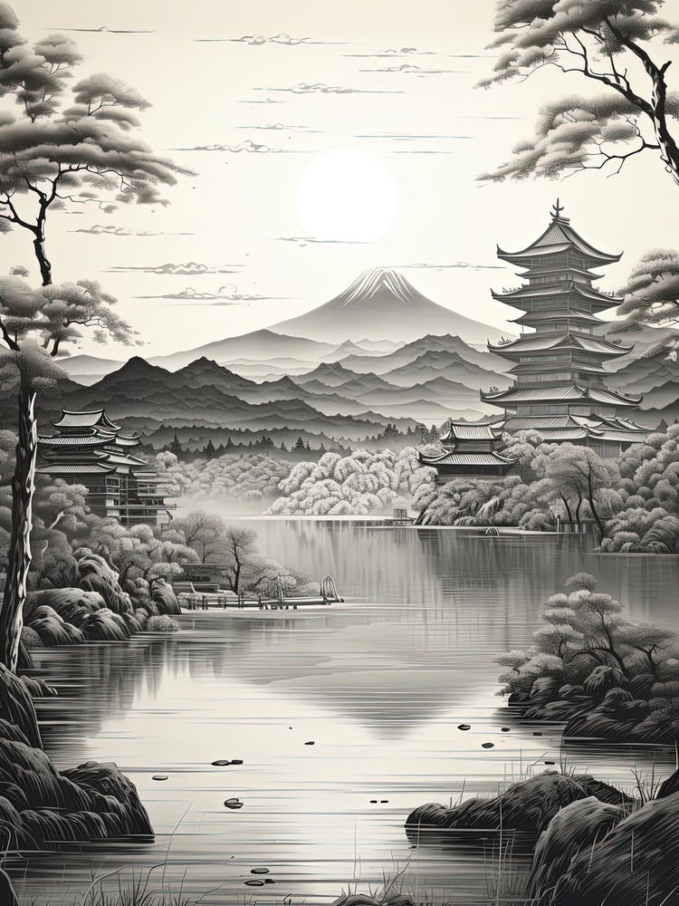 Amanohashidate In Kyoto, Ukiyo E Black And White Line Art Drawing 3
