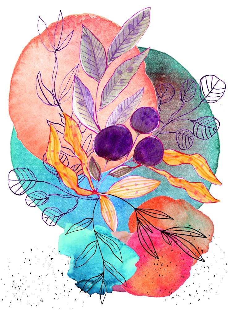 Watercolor Illustration Of Flowers And Leaves