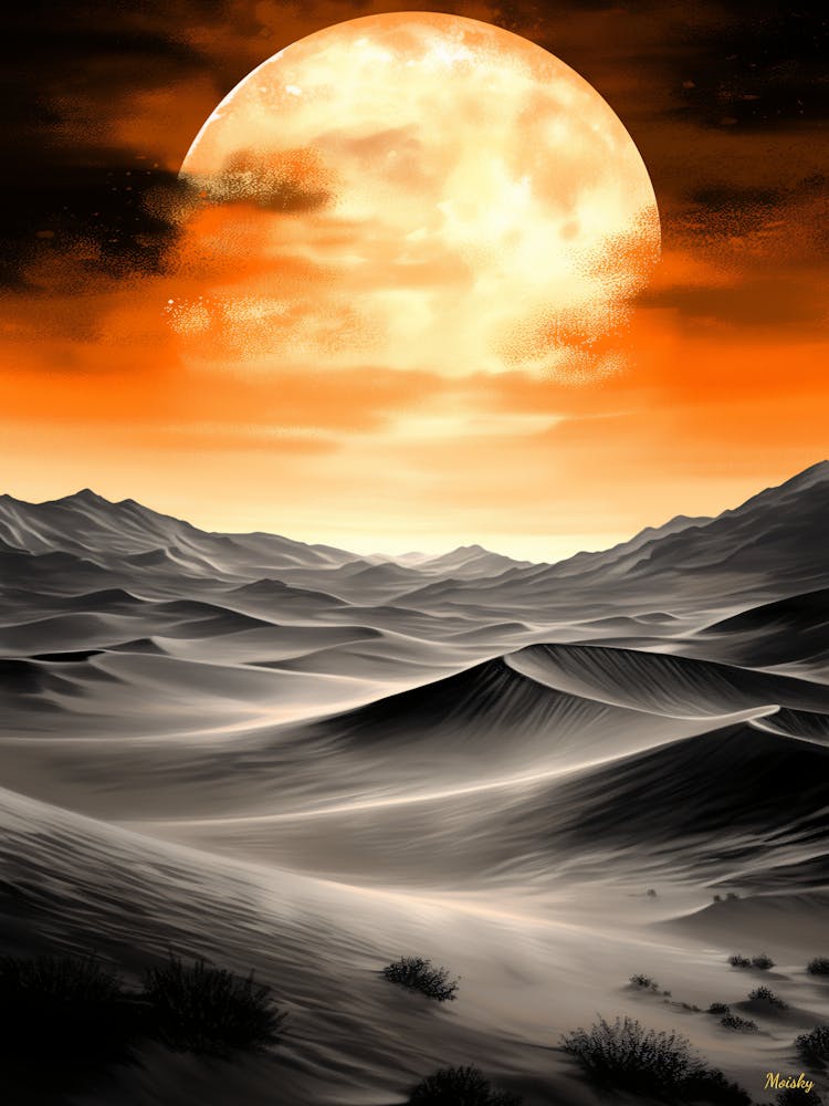 Burning Moon Over Desert Dunes – Monochrome Poster