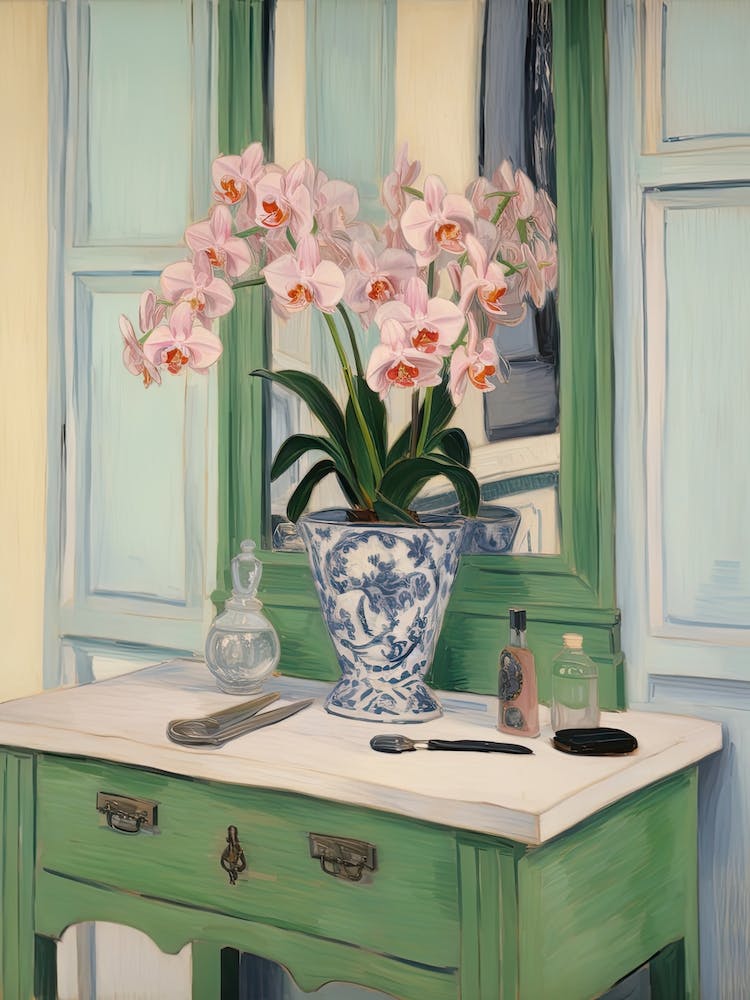 Badezimmer-Waschtischgemälde mit Orchideenstrauß 1