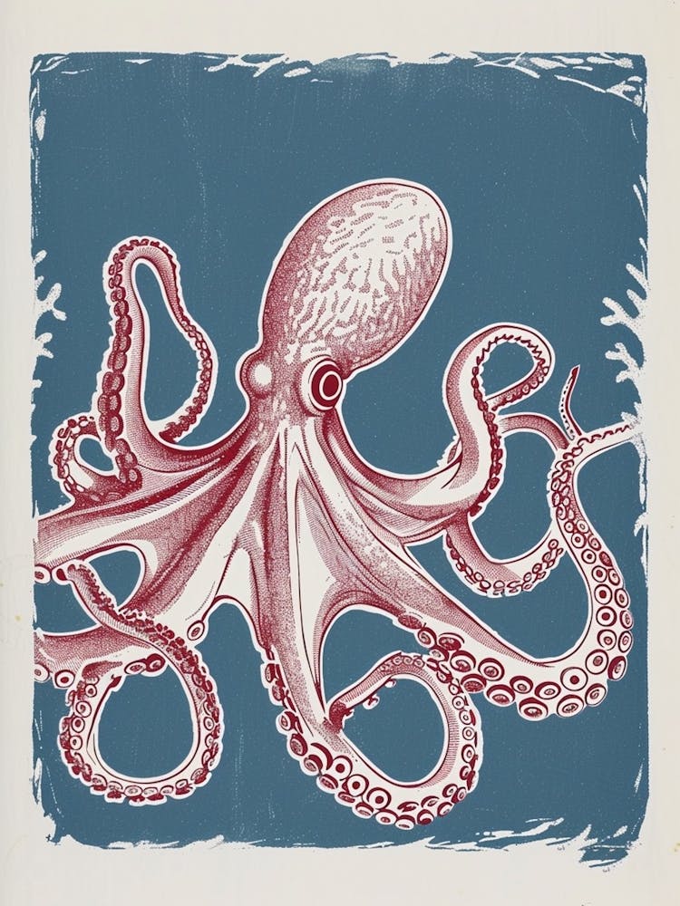 Detailed Octopus On The Ocean Floor Linocut Inspired 3