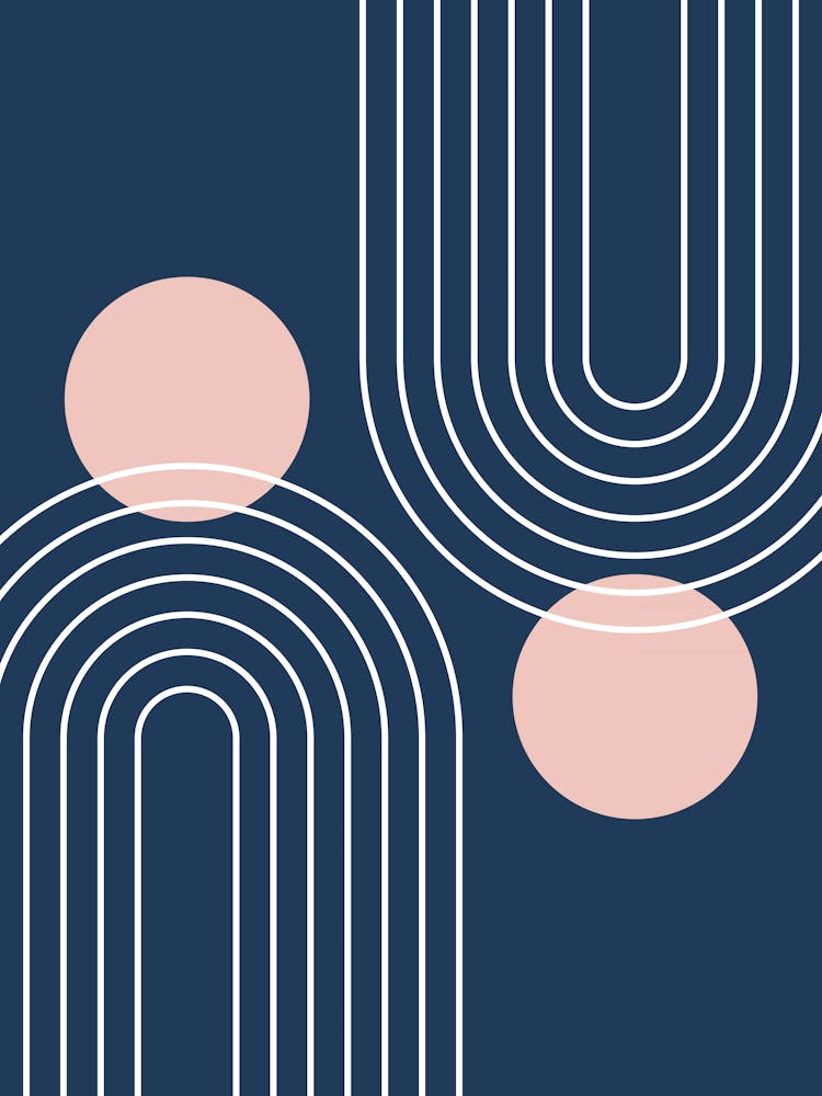 Mid Century Modern Geometric B6 In Navy Blue And Pastel Pink (Rainbow And Sun Abstract) 01