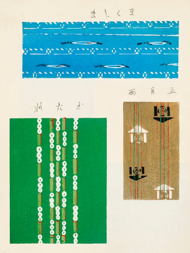 Vintage Ukiyo-e Holzschnitt Japanisches Textil, Shima Shima, Furuya Korin (245)