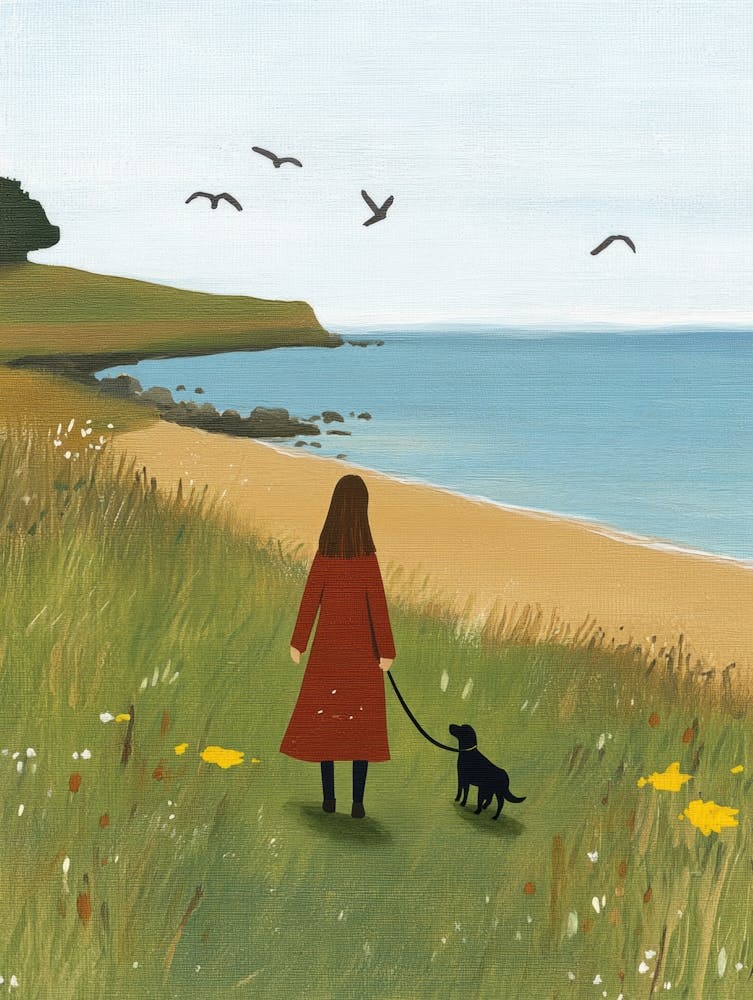 A Girl Walking dog by the Sea