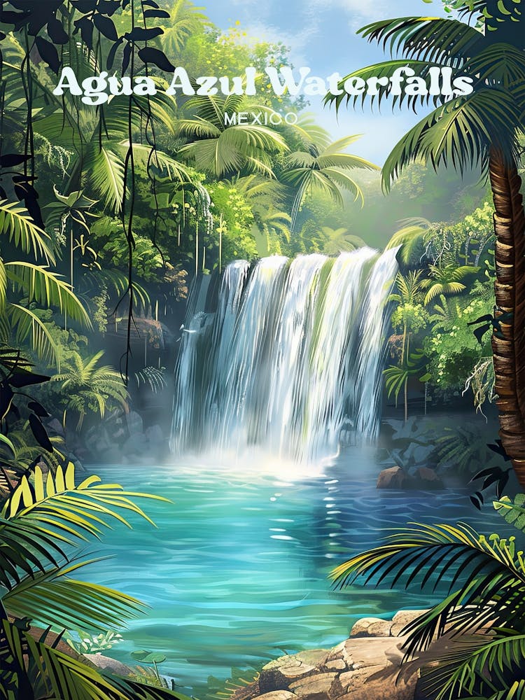 Agua Azul Waterfalls Beautiful Digital Travel Illustration
