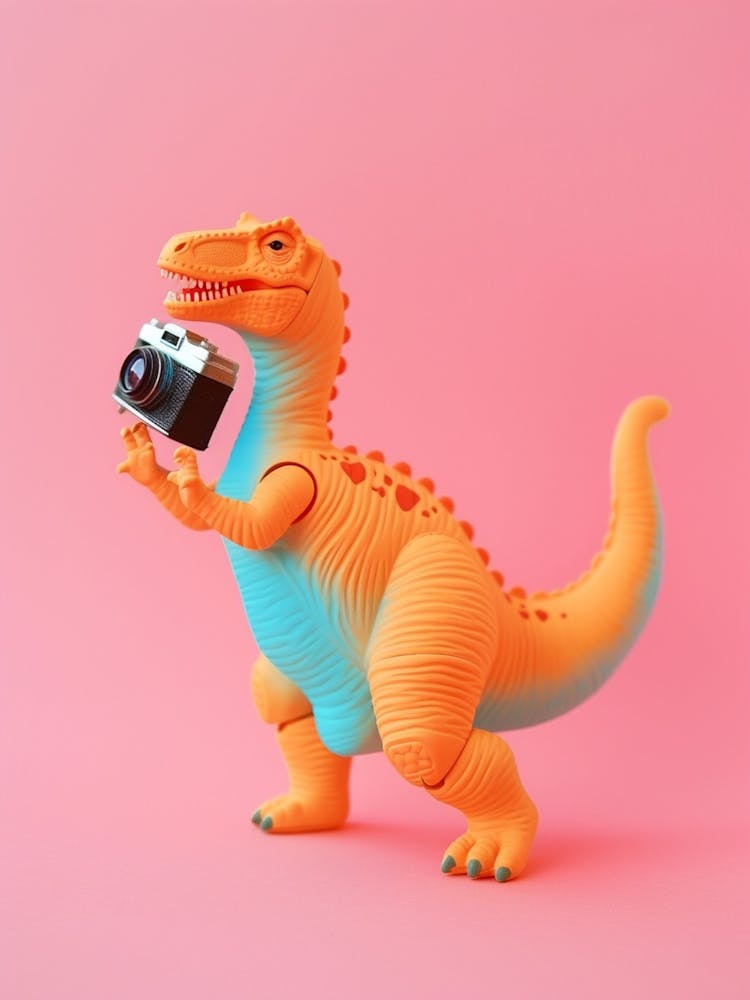 Pastel Toy Dinosaur Taking A Photo On An Analogue Camera 1